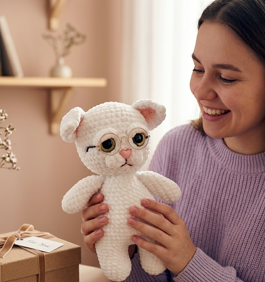 Happy adult client with a handmade amigurumi